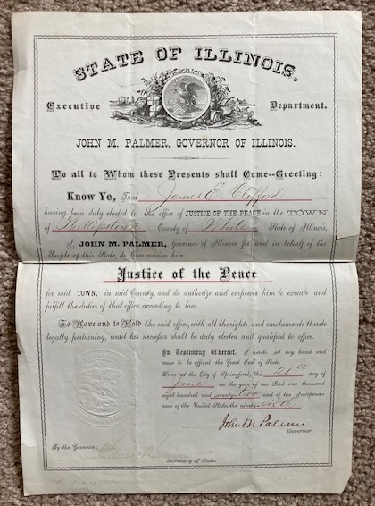 1872 Illinois Justice of the Peace appointment document [signed by Governor John M. Palmer]