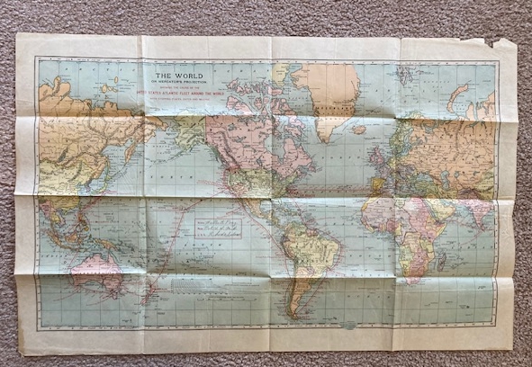 The World on Mercator's Projections: Showing the Cruise of the United States Atlantic Fleet Around the World; with Stopping Placed, Dates and Mileage [Great White Fleet - 1909]