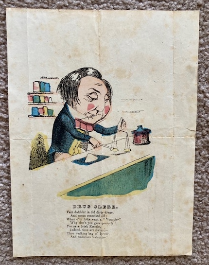 Antique Hand-Colored Print: Drug Clerk [with a humorous, insulting poem]