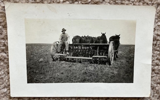 Postcard [RPPC] of a Van Brunt grain drill & team [1915] [John Deere]
