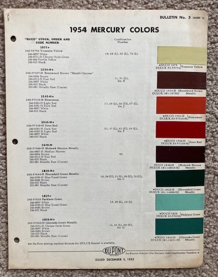 1954 Mercury Colors - 2 sheets (Bulletin No. 5, Sheet 1 and Sheet 2) [Paint Chip Chart]