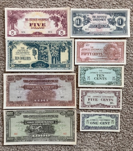 Japanese Occupation Paper Money (Lot of 9 pieces) [Malaya dollars] [Banana Money] [scrip] [circa early 1940's]