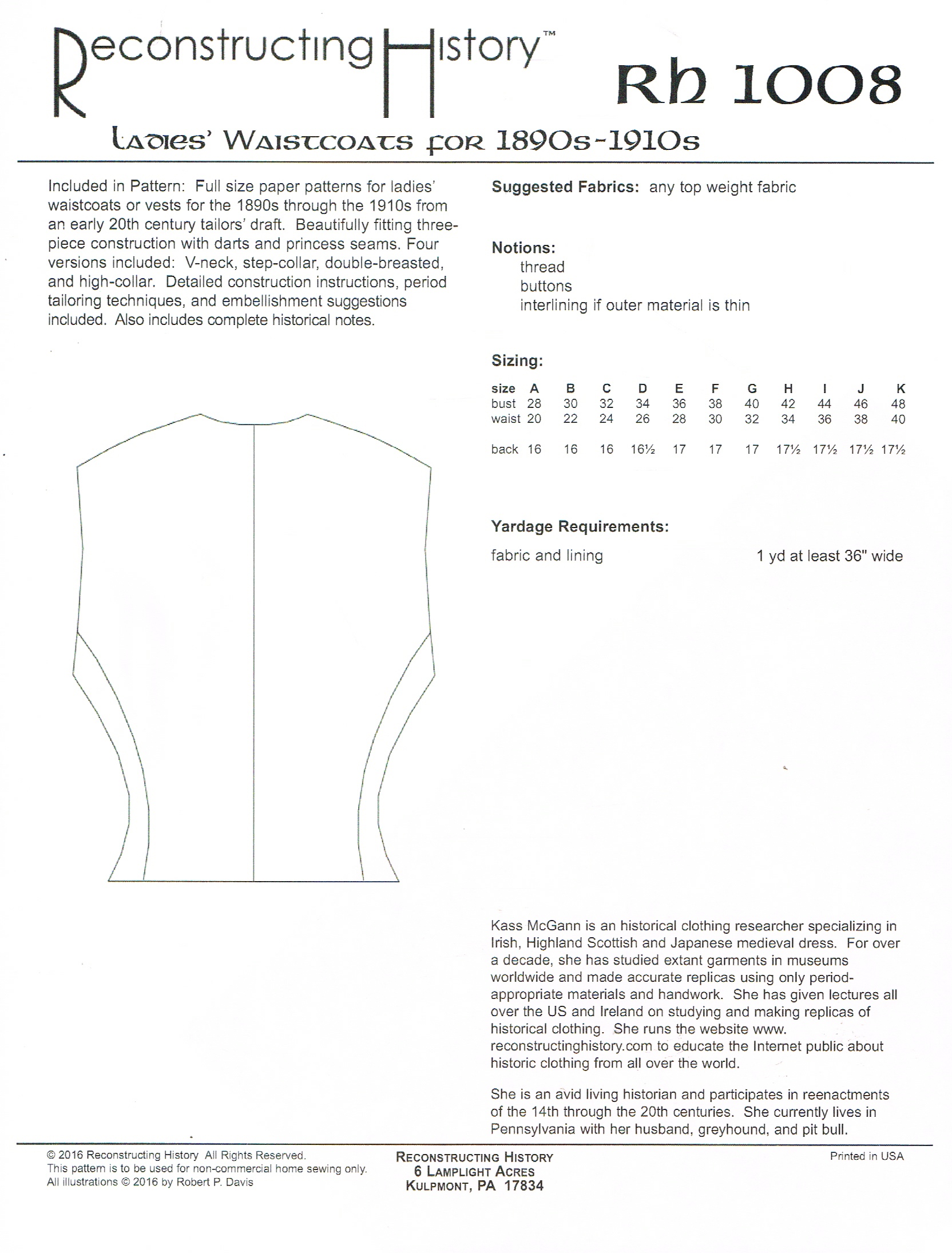 RH1008: LADIES' WAISTCOATS FOR 1890S-1910S