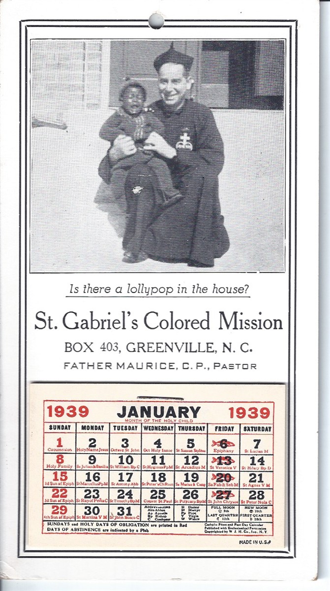 1939 Calendar, St. Gabriel's Colored Mission, Greenville, NC