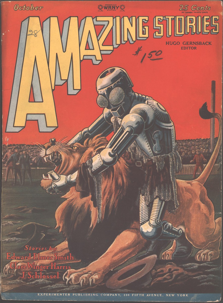 Image for Amazing Stories 1928 October. Classic Robot Vs. Lion Cover.