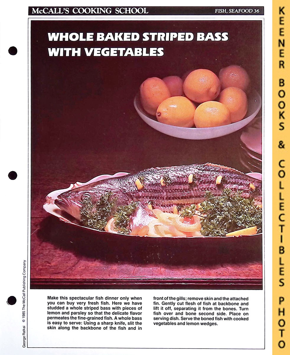 LANGAN, MARIANNE / WING, LUCY (EDITORS) - Mccall's Cooking School Recipe Card: Fish, Seafood 36 - Baked Striped Bass : Replacement Mccall's Recipage or Recipe Card for 3-Ring Binders : Mccall's Cooking School Cookbook Series