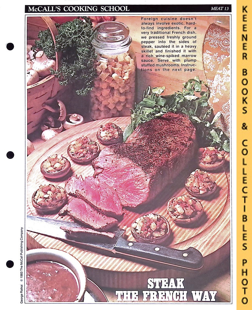 LANGAN, MARIANNE / WING, LUCY (EDITORS) - Mccall's Cooking School Recipe Card: Meat 13 - Steak with Marrow Sauce and Stuffed Mushrooms : Replacement Mccall's Recipage or Recipe Card for 3-Ring Binders : Mccall's Cooking School Cookbook Series