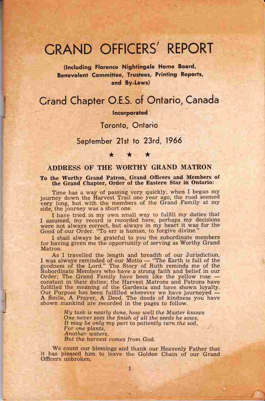 Image for Grand Officer's Report, Grand Chapter O.E.S. Of Ontario, Canada