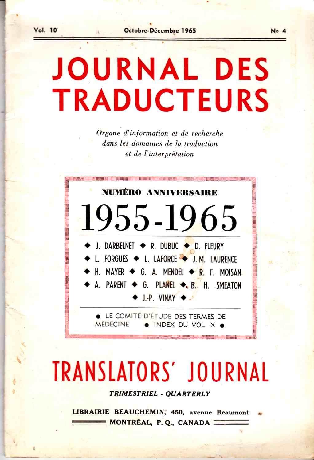 Image for Journal Des Traducteurs Translators' Journal Octobre-Decembre 1965