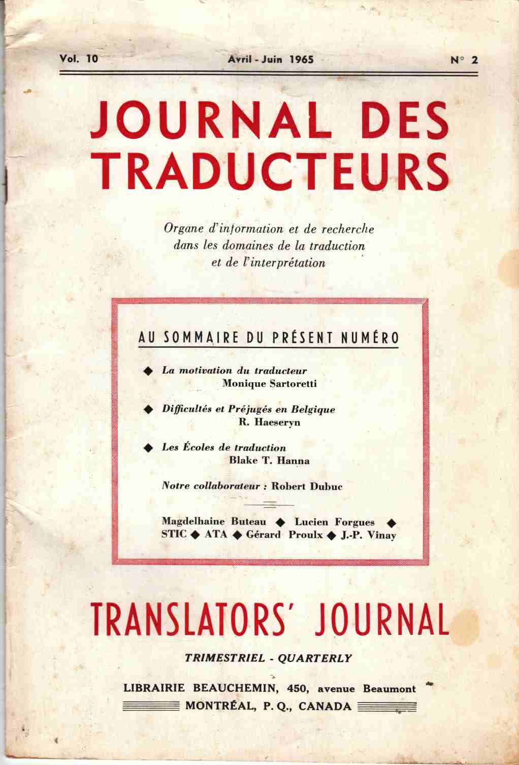Image for Journal Des Traducteurs Translators' Journal Avril-Juin 1965