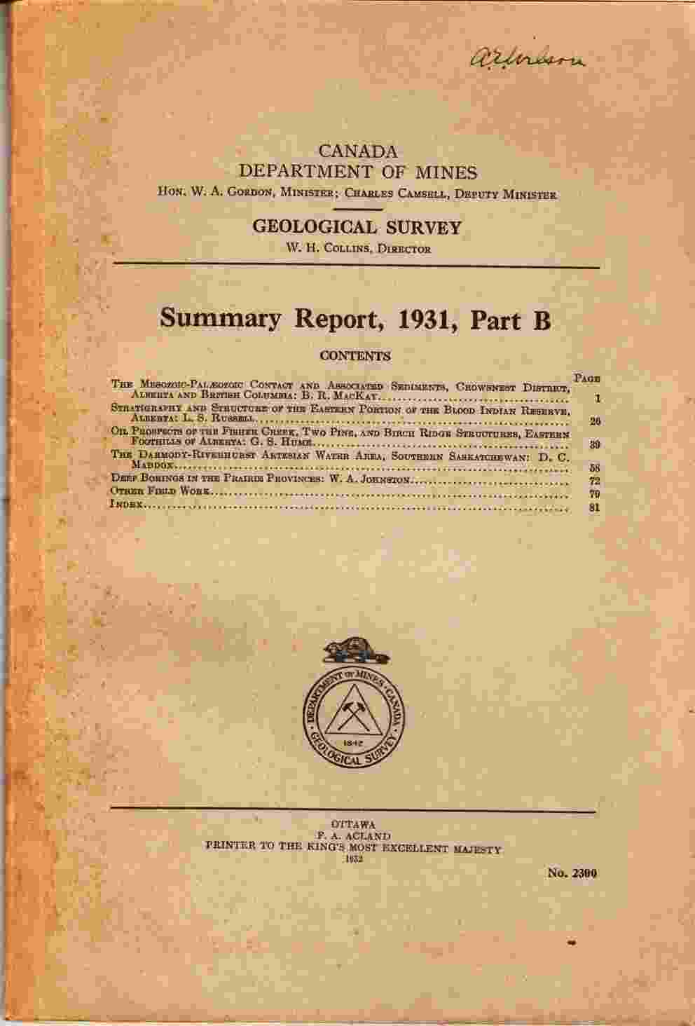 Image for Summary Report, 1931, Part B