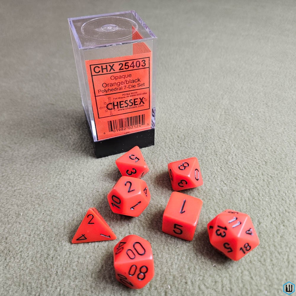 Chessex Polyhedral 7-Die Dice Set - OPAQUE ORANGE/BLACK