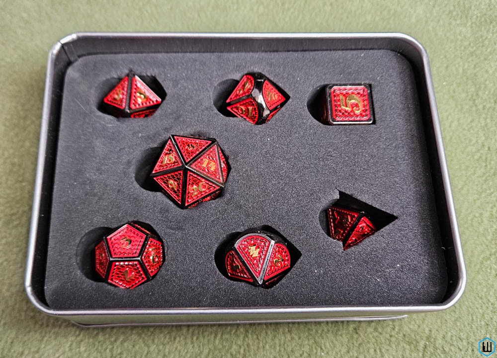 METAL DICE SET x7: Red w Gold numbers - solid polyhedral RPG dice