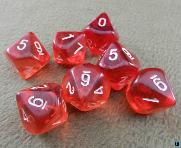 Image for D10 Percentile Translucent Red - White Numbered 7 Dice Set