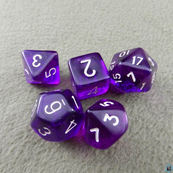Image for Purple Translucent - White Numbered 5 Polyhedral Dice Set Mix