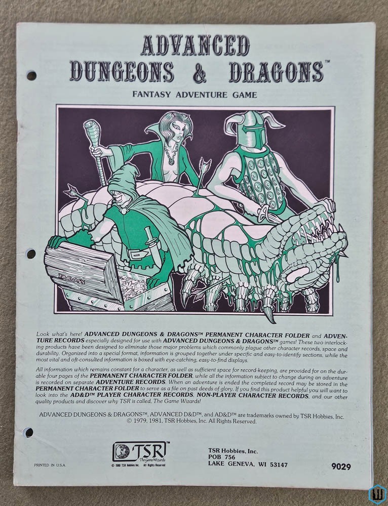 Permanent Character Folder & Adventure Records (Advanced Dungeons Dragons) TSR 9029