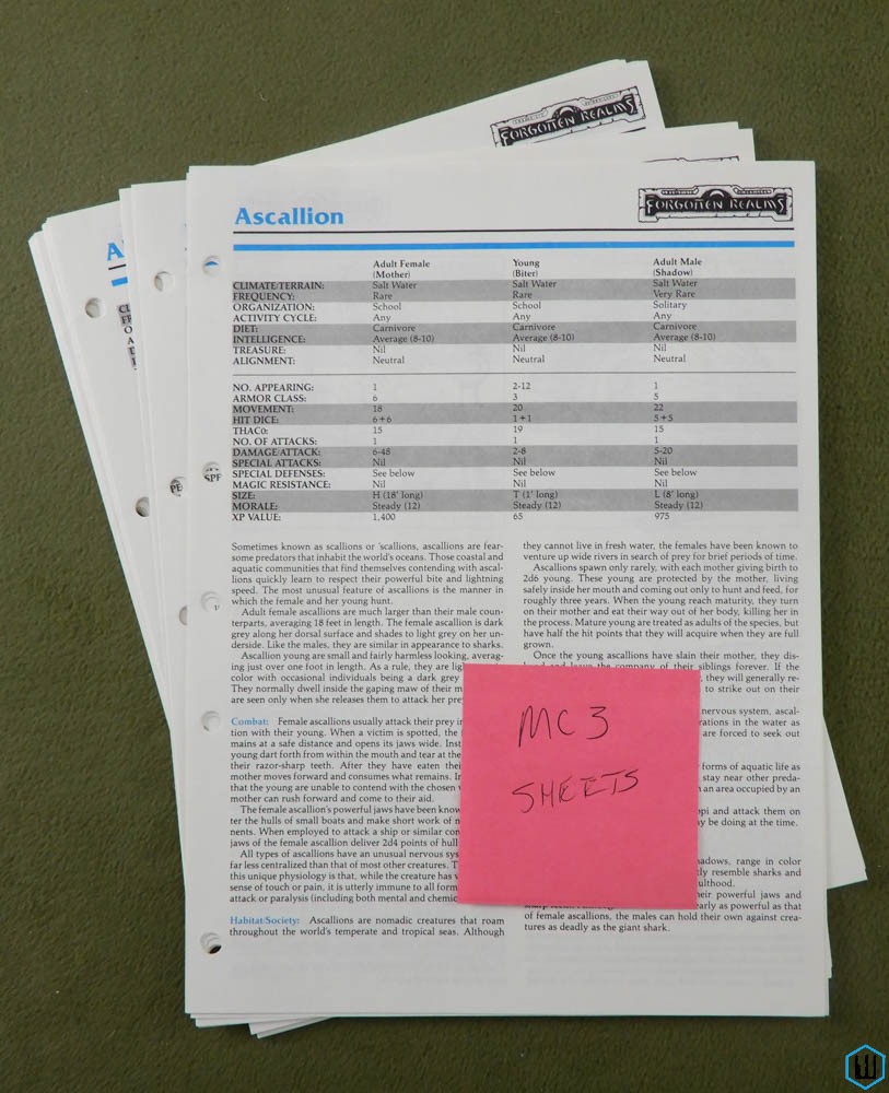 Monstrous Compendium FORGOTTEN REALMS MC3 (AD&D) - SHEETS ONLY